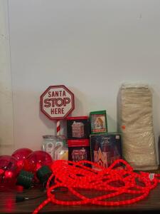 Christmas Village Porcelain Houses Lot, Red Rope Light, White Burlap, Safety Covers, Decor