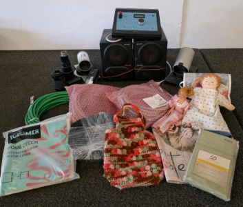 Sony Speakers, Model Train Power Console (Powers On), Cameras, Electronics, Pillow Covers, Danjor King Pillowcase, Barbie Doll, And More