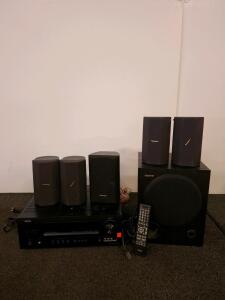 Denon AVR-1312 5.1 AV Receiver, tested and powered on. Subwoofer, Panasonic & Pioneer Speakers, Remote Included