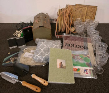 Metal Toolbox, Hose Reel, JBL Speakers, Garden Tools, Textiles, Glassware, And More