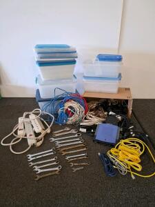 Hand Tools, Power Strips (Tested And Works), Network Router, And Storage Bins