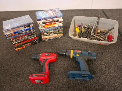 Cordless Drill Lot: Hyper Tough 8V & Ryobi 18V, 40+ ( unable to test) Drill Bits, 29 DVDs&mdash;Mixed Tool & Movie Bundle