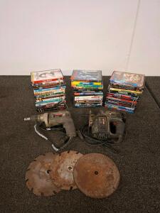 Power Tool Lot: Black & Decker Drill, Craftsman Jigsaw, both tested and powered on. Saw Blades, 45+ DVDs, Mixed Titles