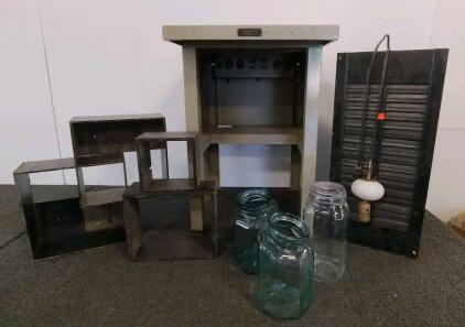 Vintage Teletype Equipment Table Stand, Multiple Power Outlets, Light Fixture, Decor Shelves, And Jars(Location A)