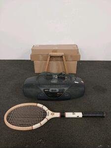 Sanyo MCD-Z37 Boombox CD Cassette AM/FM Radio, Dual Deck, BassXpander, Vintage Wilson Zephyr Tennis Racket, Xitomer Highway Crash Bars, & More(Location B)