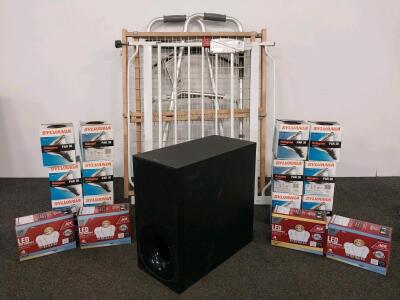 Sony Model SA-WNT5 Active Subwoofer, 120v, 60hz, 25w, Assorted Lightbulbs, Baby Gates, and a Walker