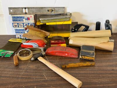 Vintage Mixed Woodworking Hand Tool Lot: CP Sawhorse Brackets, Sanders, Miter Box, Levels, 3M Pad