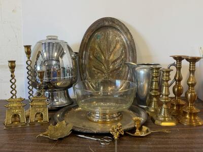 Large Mixed Vintage Brass & Silverplate Lot: Candlesticks, Urn, Trays, Bowl, Accessories