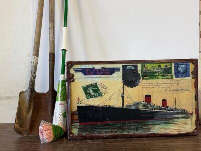 Vintage Maritime-Themed Decorative Storage Trunk with Fabric Lining and Metal Accents, Shovels, Mop