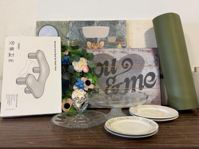 Assorted Home D&eacute;cor Lot: Wall Art, Spring Wreath, Plates, Glass Serveware, Roname Nail Arm Rest