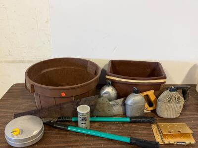 Vintage Military Canteens, Emergency Water Can, Saws, Pruning Shear & Utility Tubs Mixed Lot