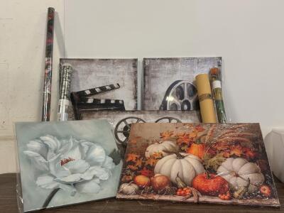 Mixed Lot of Framed Pictures &ndash; Movie Reel, Autumn Harvest, White Flower Themes, Window Film