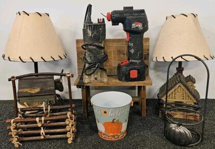 Mixed Lot &ndash; Rustic Cabin Lamps, Drill Master Trim Router, Air Hawk Pro Inflator, Fall Decor
