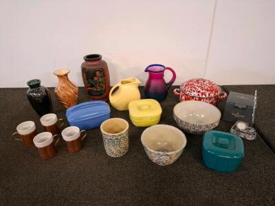 Vintage Kitchen & Decorative Lot &ndash; 17 Pcs, Waterford Crystal Desk Set, Spongeware, Vases, Mugs, Bowls