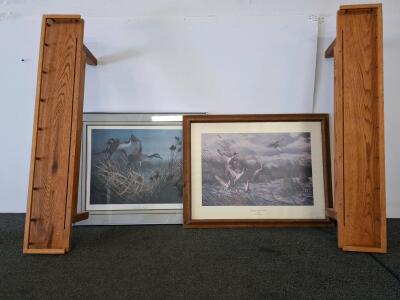 Terry Redlin "Springing High Pintails" & Owen Gromme Duck Art Print + 2 Oak wall shelves. Framed Combo
