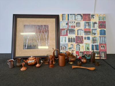Lot of Vintage Copper Brass D&eacute;cor: Teapot, Pitchers, Planters, Ewers, Candlesticks, Wood Spoon , large wall art.