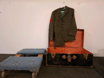Vintage USMC Military Footlocker Trunk - "J.L. LUCAS" 2998301, 1940s-1950s, shop cart, vintage military jacket