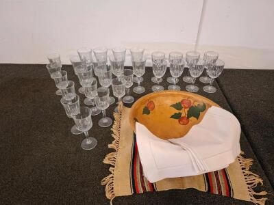20 Crystal Wine Glasses, Hand-Painted Wooden Bowl, 8 Napkins, Southwestern Placemat Set