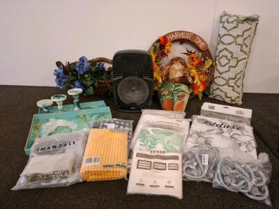 Large Home Decor & Linens Lot: Curtains, Pillowcases, Throw Covers, Decorative Trays, Wreath, speaker