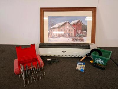 Lasko Digital Control 1,500W Electric Baseboard Heater, Model 5624, 40" Wide, tested and powered on. Adjustable Thermostat, wall art, yard fertilizer Spreader. large drill bit set.