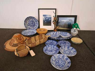 Blue and White Splatterware Pottery Dishware Set &ndash; 11 Pc Bowls, Plates, Serving Platter, Vintage Style, wall art, weaved decor and more