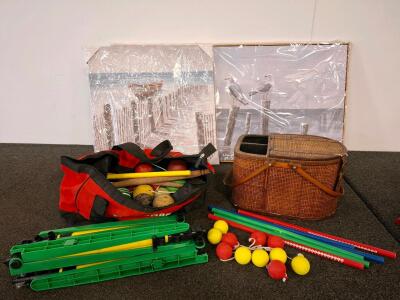 Seascape Art Prints, Croquet & Ladder Toss Lawn Game Sets, Vintage Wicker Picnic Basket Bundle