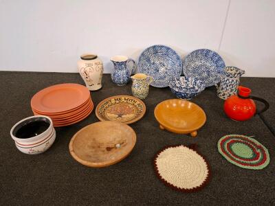 Vintage Tableware Lot &ndash; Art Pottery, Blue Spongeware, Orange Plates, Wood Bowls, Folk Plate