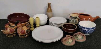 Mixed Lot Roseville, Bella Casa, Tuxton, RE Dinnerware&mdash;Plates, Bowls, Rooster, Candle Holders