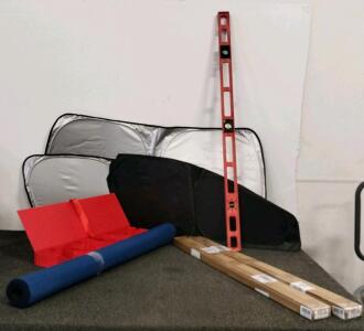 Mixed Lot: Adjustable 40" Shelf Brackets, Car Sun Shades, 48" Level, Lilo & Stitch Rug, and more (location A)
