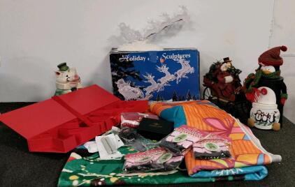 Mixed Holiday Decorations & Accessories Lot &ndash; Christmas Decor, white elephant Chair Socks, Needle Tools and more
