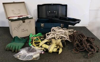 Mixed Utility Lot: 2 Storage Boxes, Ropes, Ratchet Straps, Gloves, Cords, Fittings, Folders
