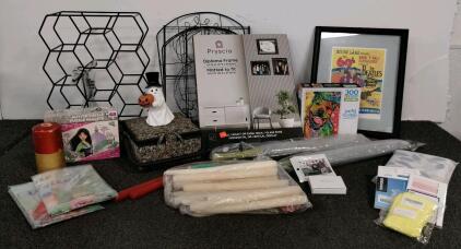Large Mixed Decor & Accessories Lot: Art Frames, Puzzles, Wine Rack, Flags, Screen Protectors