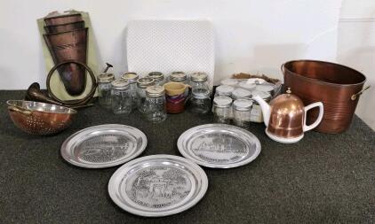 Kerr Mason Jars, Wilton Armetale Iowa Plates, Vintage Copper Kitchenware & Wall Vases Lot