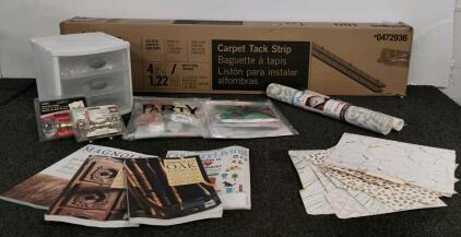 Mixed Lot - Blue Hawk Carpet Tack Strip 100ct, Sterilite Drawer, E-2279 Door Knobs, Decor Items