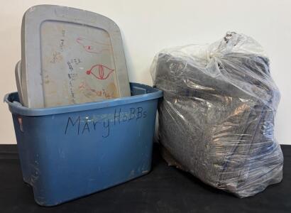 Blue Storage Tote with Lids and Bag Of Under-Carpet Insulation