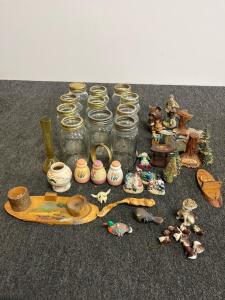 Vintage Decorative Collectibles Lot &ndash; Glass Jars, Painted Vases, Animal Figurines, Wooden Plaques