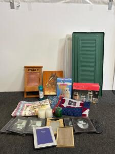 Large Mixed Household Decor Lot | 5x7 Photo Frames, Quilt, Tool Holder, Flatware, Jars, Candles