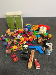 Vintage Toy Lot: Fisher-Price Chatter Telephone, Disney, Vehicles & Boxed Hilco Kerosene Lamp