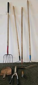 Garden Tools Lot: Includes Two Rakes, Pitchfork, Hoe, Shovel Head, and Two Garden Shears