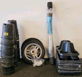 Bulk Lot Gardening Supplies: ~200 Nursery Pots, 10 Seedling Trays, 2 Utility Wheels & Weed Barrier