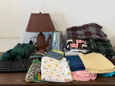 Coffee Pot Table Lamp, Green Plaid Throw, Metal Pot, Tablecloth, Keyboard USB PS/2