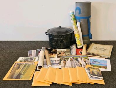 Mixed Collectibles Lot: Art Prints/Posters, Enamelware Canner, Yoga Mat, Paint Kit, Ephemera