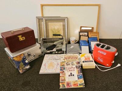 Mixed Decor and Indoor Device Tool: White Board, 3-Hole Punch, Heavy Duty Stapler, Matching Set of Floral Paintings in Silver Frames, Coca-Cola Toaster (Confirmed Functional), Faux Alligator Skin Jewelry Box w/ Mirror, Silver Latch Case, 13 Small Frames, 