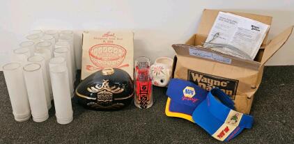 Mixed Lot: Leonard Silverplated Salad Bowl, 16 Hurricane Chimneys, Wayne Dalton Garage Parts, Golden Nugget Collectibles