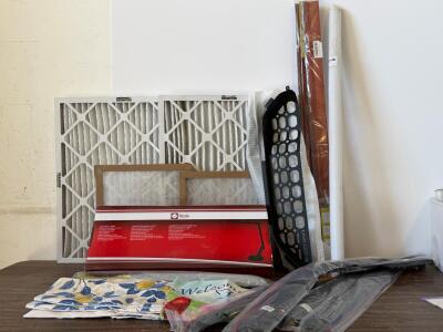 Assorted HVAC Air Filters, X-TALIMU Shelf Brackets, Barmika Desk Lamp, Microfiber Duster, And Decor