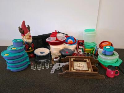 Kitchen Storage Lot: Hydro Flask, Tupperware, Clock, Holiday Decor & More (Used)
