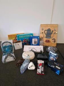 Mini paper shredder, desk lap, flashlight, all powered on. Vintage Hasbro Guesstures Charades Game & Tournament Backgammon by Lowe, Party & Classic Board Games