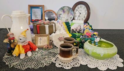 Assorted Vintage Home D&eacute;cor Lot: Clocks, Figurines, Cards, Mugs, Doilies, More
