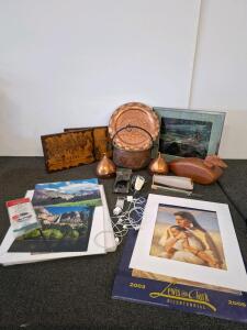 Mixed Lot: Apple iPod Shuffle, did not power on, Clipper, powered on.Copper Kettle, Art Prints, Pyrography Plaques