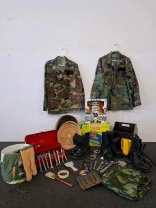 Metal tool box with wrenches, other hand tools, military uniforms, decor, Crayola Crayon Carver Boxed Art Kit and Star Wars Galactic Snackin' Grogu Animatronic Figure, Complete